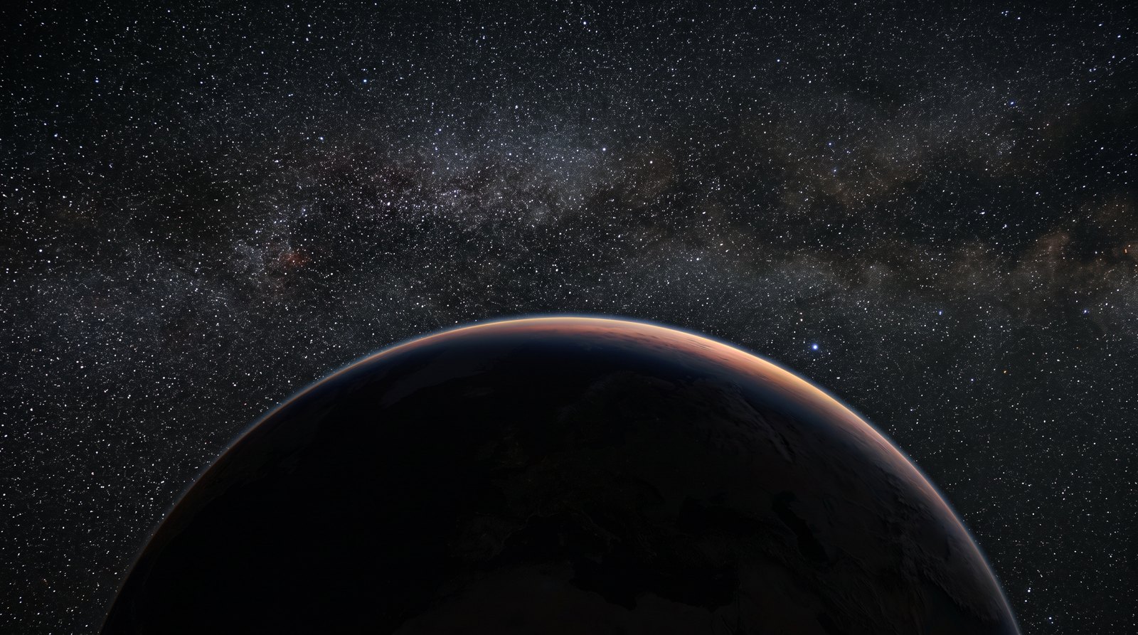 Dark planetary limb against a dense starfield, seen from the picket vantage